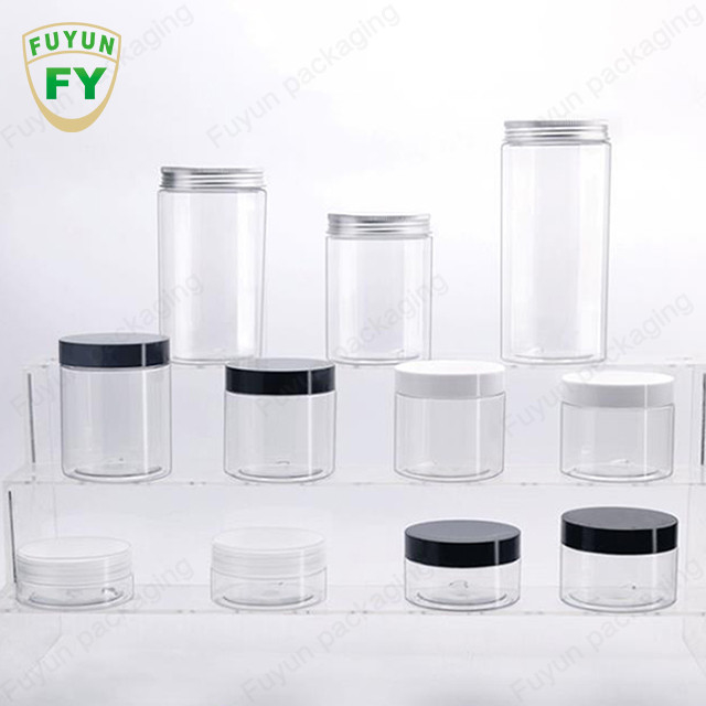 شیشه های بسته بندی پلاستیکی شفاف 30 میلی لیتری 40 میلی لیتری 150 میلی لیتری با درپوش آلومینیومی درجه غذا